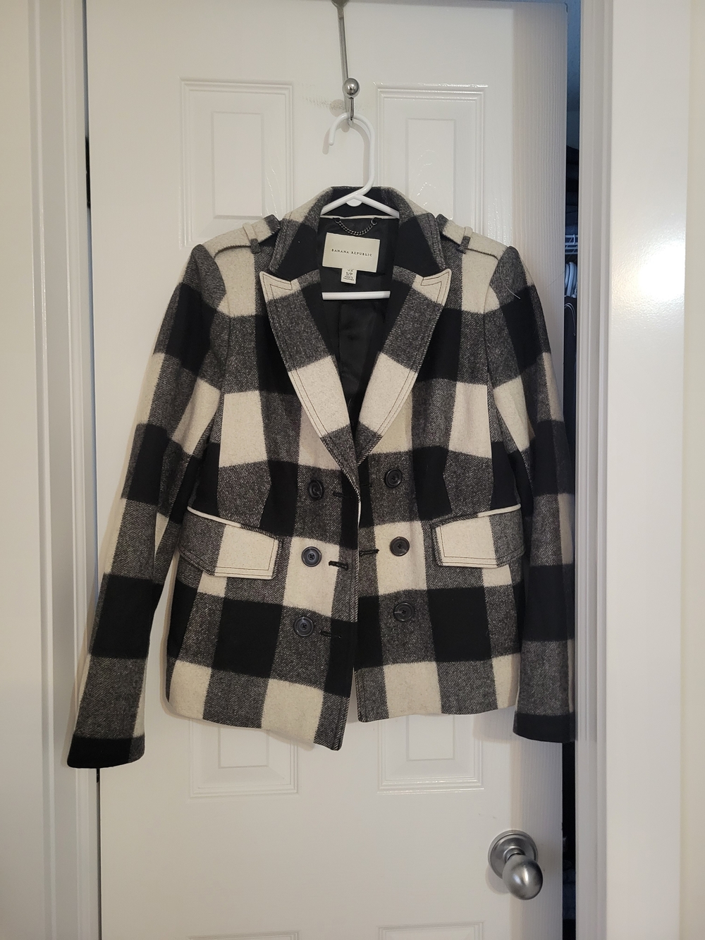 Banana Republic Black & Cream Plaid Double-Breasted Peacoat